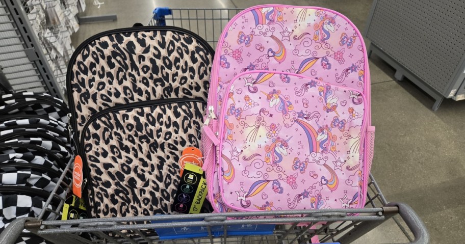 two wonder nation backpacks with cheetah and unicorn print in walmart cart