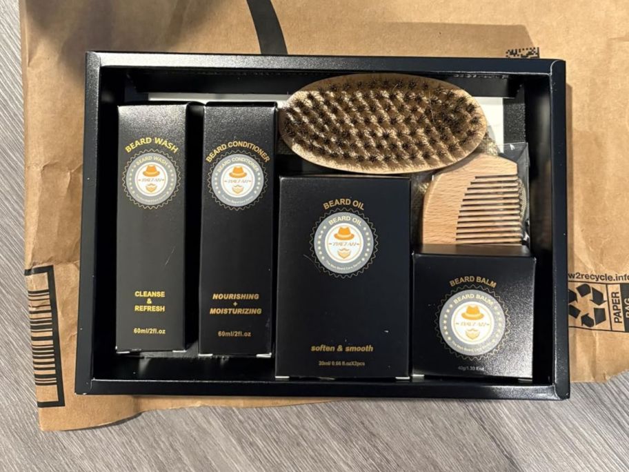 A men's beard kit in a box
