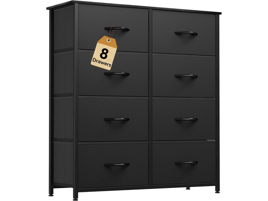 black 8-drawer dresser with fabric bins