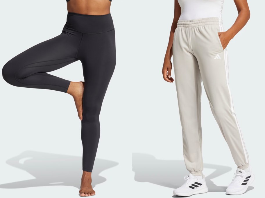 two women wearing black leggings and beige pants 