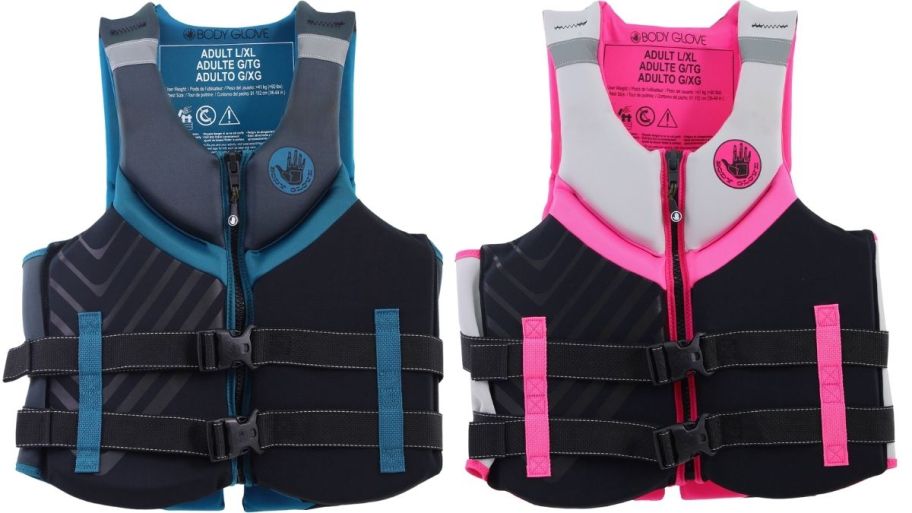 two adult life jackets one in blue one in pink