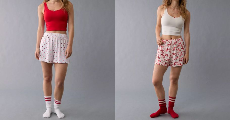 2 women aeach wearing red and white lounge sets with matching socks