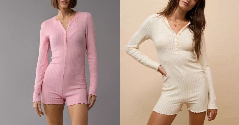 woman wearing pink romper and woman wearing cream romper
