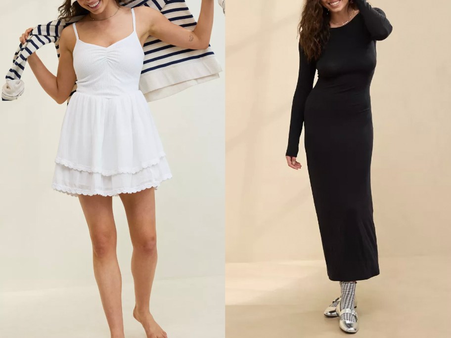 two women wearing white and black dresses