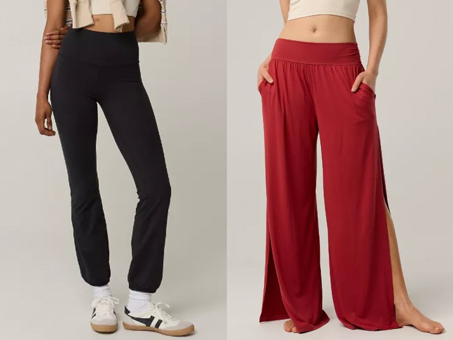 two women wearing black and red pants 