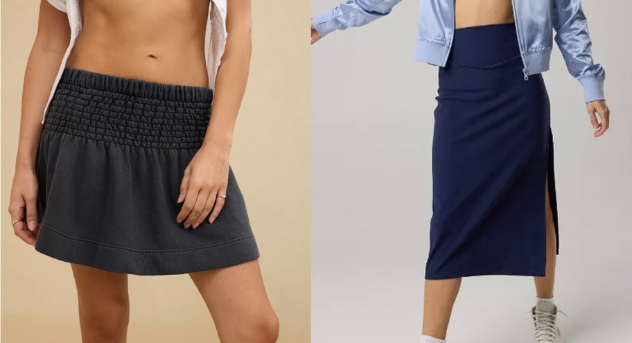 two women wearing black and blue skirts
