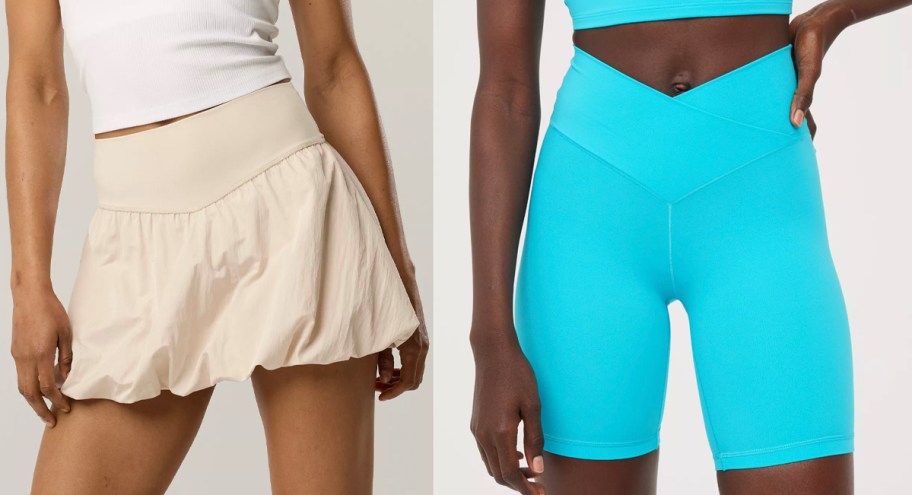 two women wearing beige skirt and blue shorts