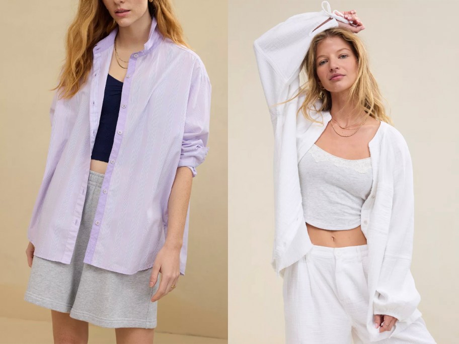 two women wearing purple and white tops 
