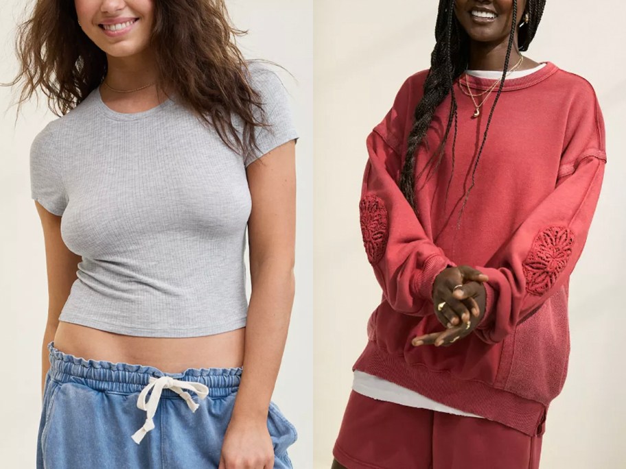 two women wearing gray and red tops 