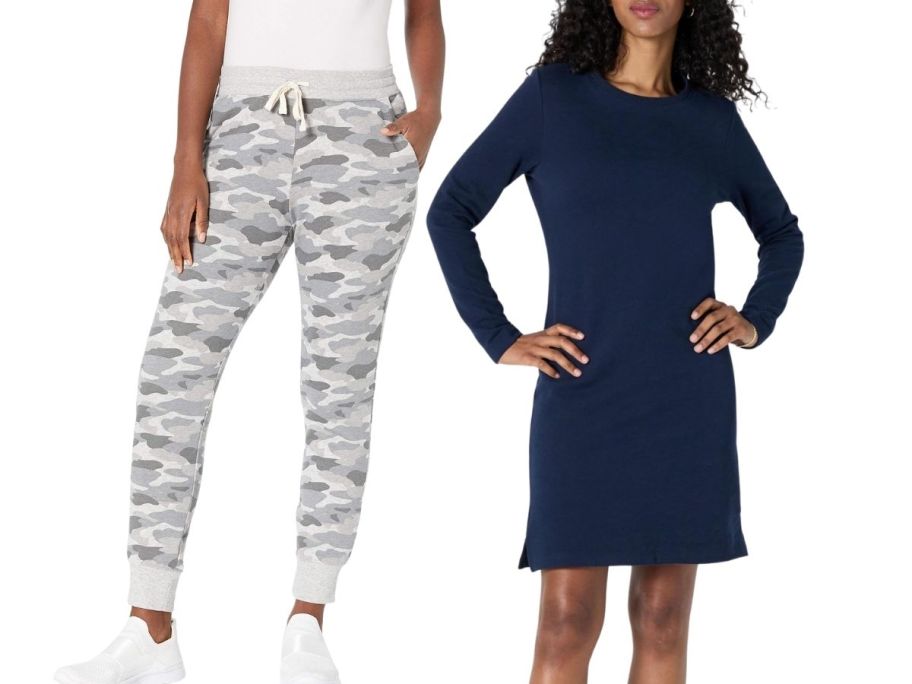 a woman in a pair of joggers and a woman wearing a navy blue knee length dress