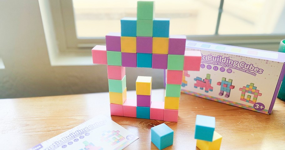 a colorful towel of pastel magnetic blocks