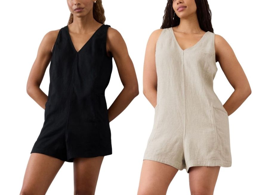 two models wearing the same linen romper in two different colors
