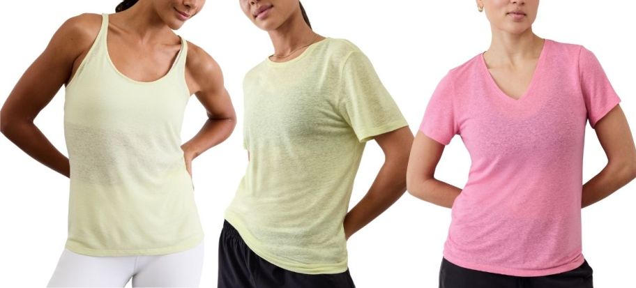 3 women in linen blend tees in different styles and colors