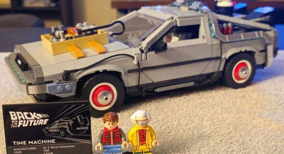 Back to the future car lego set all built with mini figurines in the front 