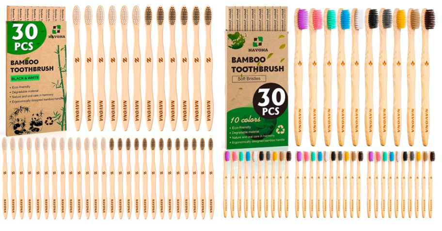 bamboo toothbrushes on white background