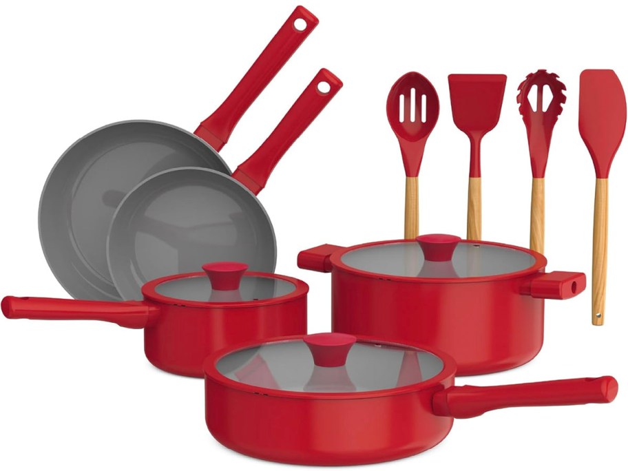 red pans, stock pots, and utensils 