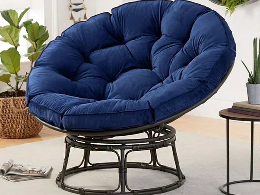 blue papasan chair in living room 