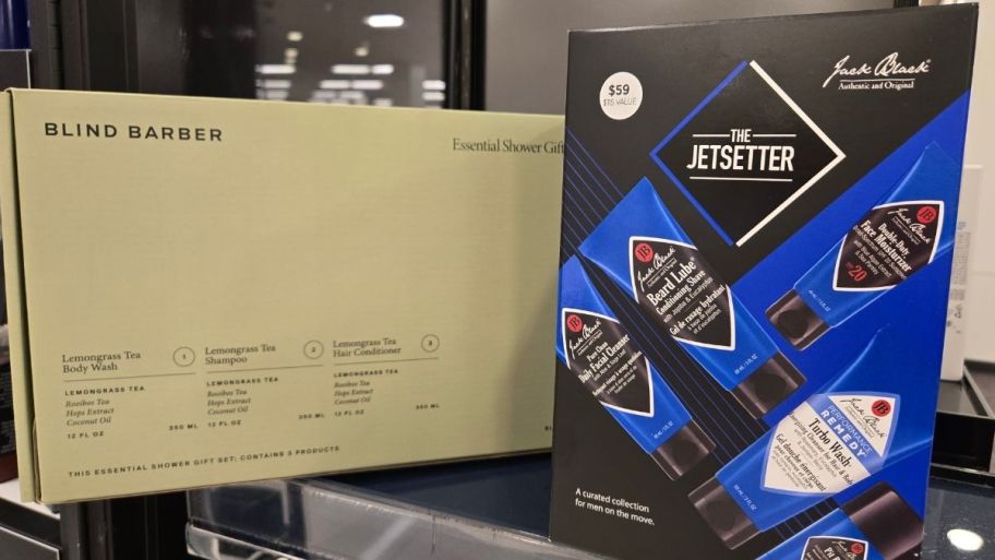 Two mens grooming gift sets displayed on a store shelf