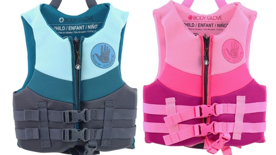 two kids life jackets one in blue one in pink
