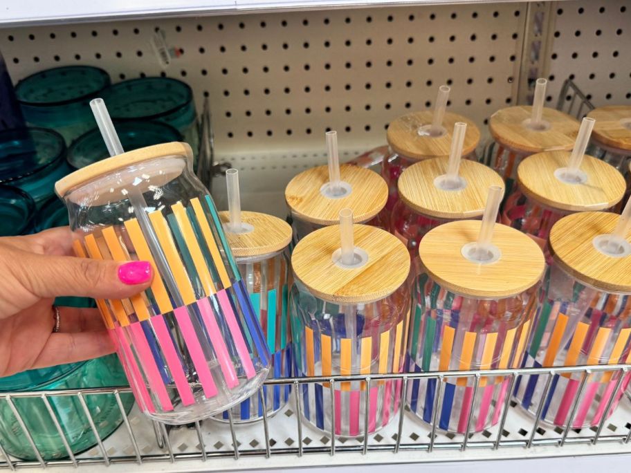 striped Glass Tumblers in hand and on shelf in store