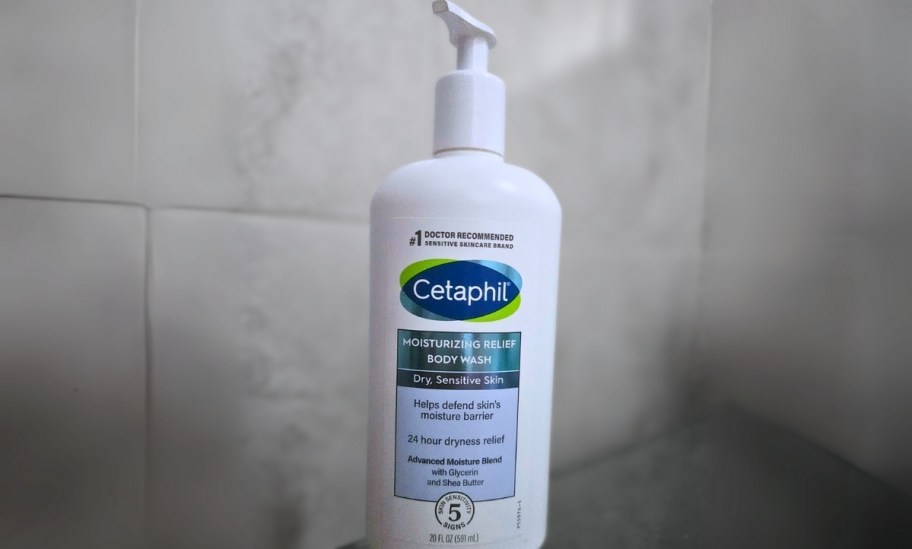 a pump bottle of Cetaphbil body wash in a shower