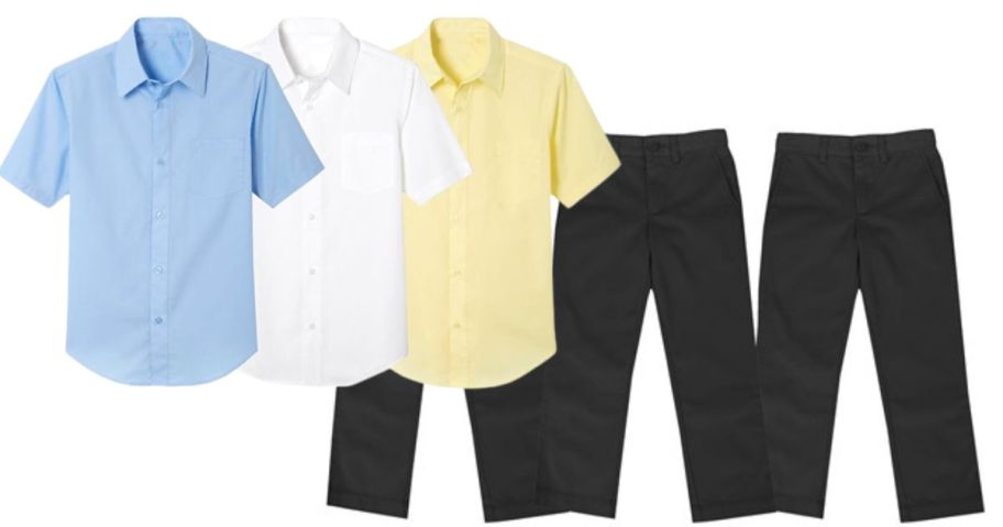 a blue, white, and yellow shirt and three pairs of black pants
