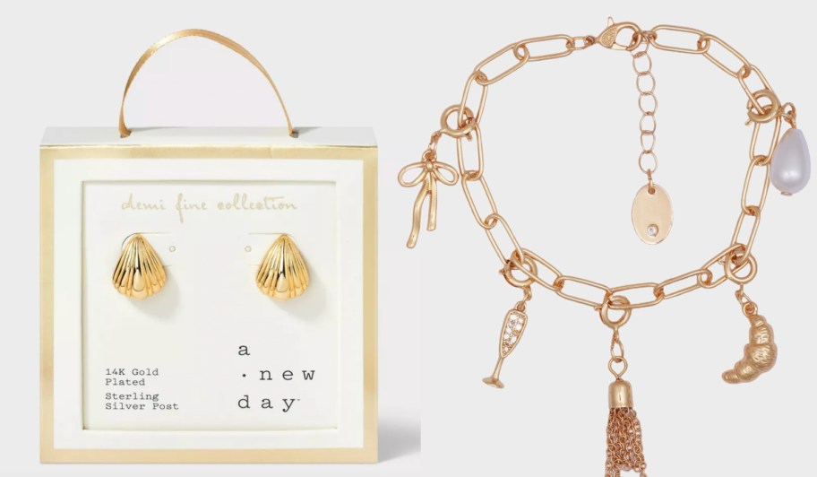 shell earrings and brunch themed gold charm bracelet