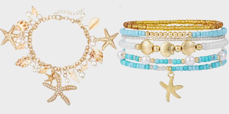 gold coastal charm and stacking bracelets