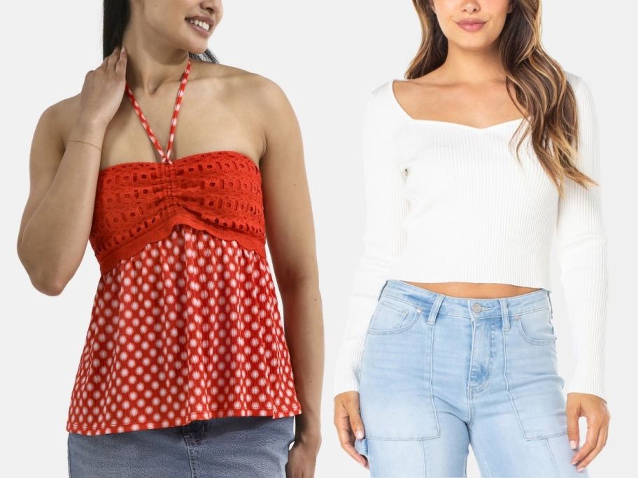 a woman in a halter top and a woman in a cropped sweater