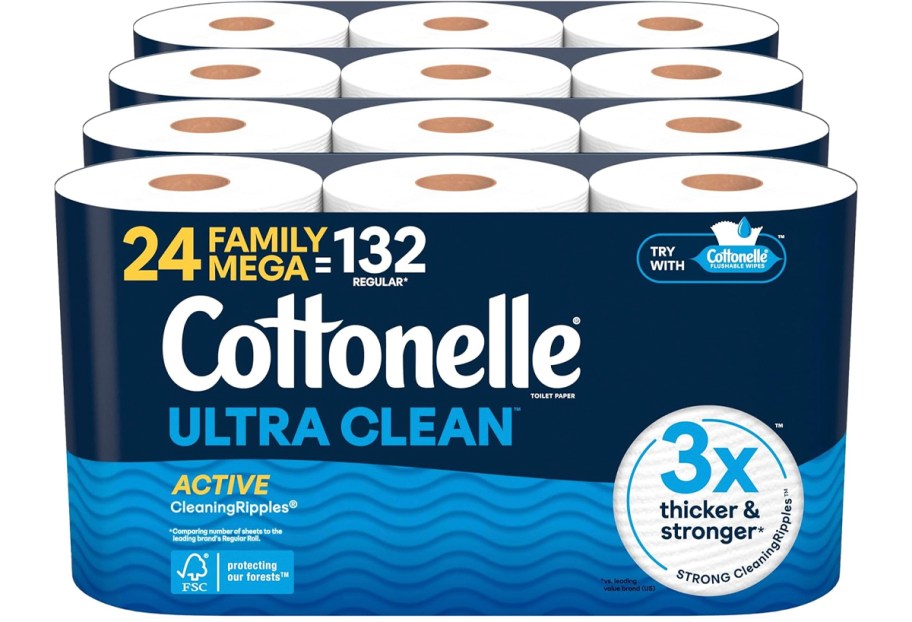 packs of cottonelle ultra clean bath tissue in a row