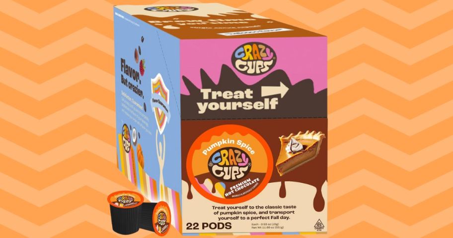 Crazy Cups Pumpkin Spice Hot Chocolate Pods 22-Count against orange background