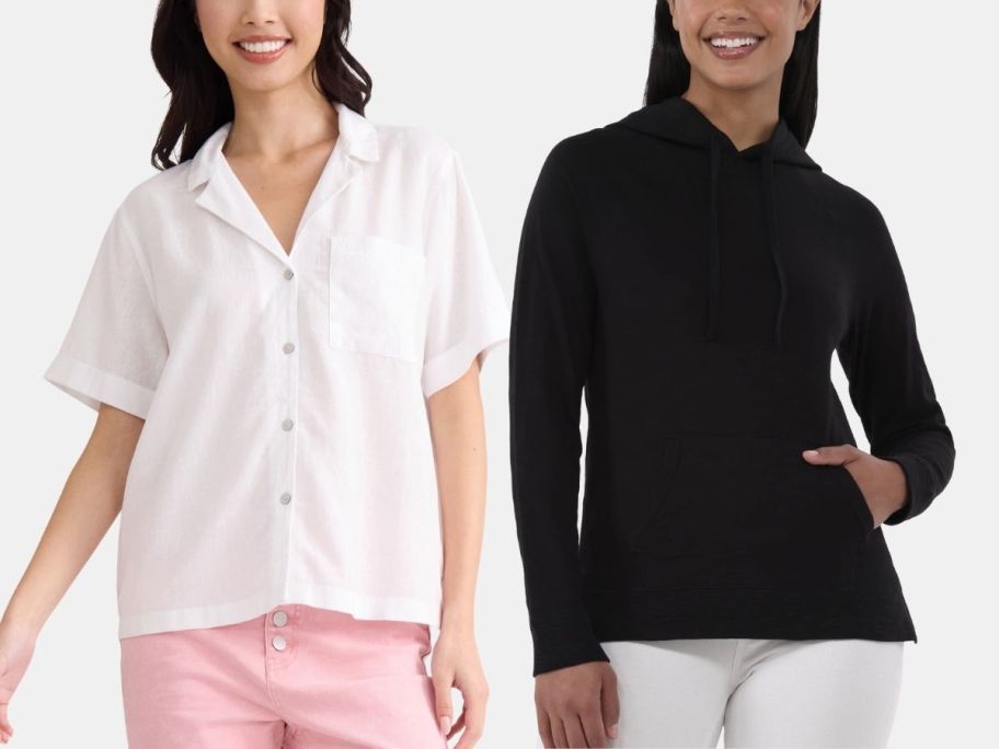 a woman in a button up shirt and a woman in a hoodie
