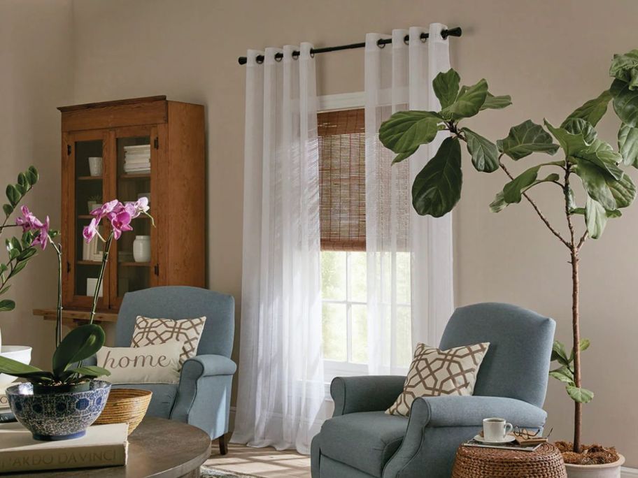 allen + roth 84" White Semi-Sheer Grommet Single Curtain Panels on window in living room