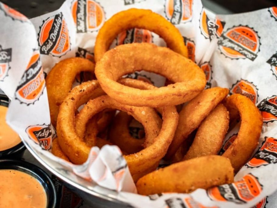 Tray filled with bad daddy onion rings