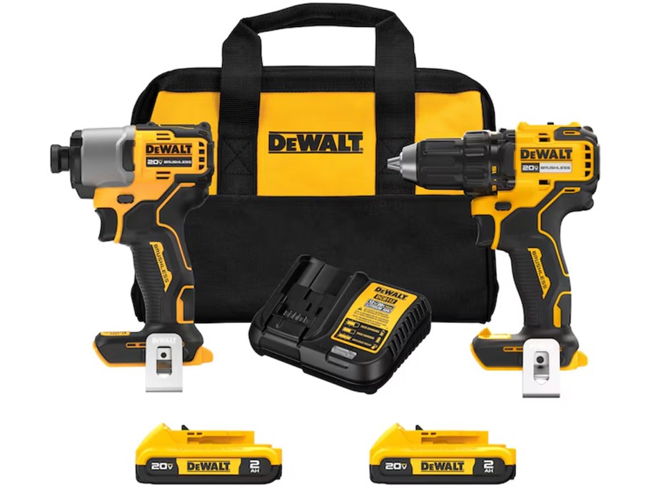 black and yellow dewalt power tools, bag, batteries and charger