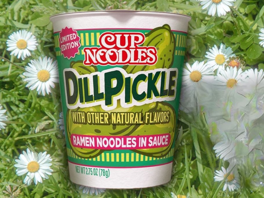 nissin cup noodles dill pickle flavor cup in dill field