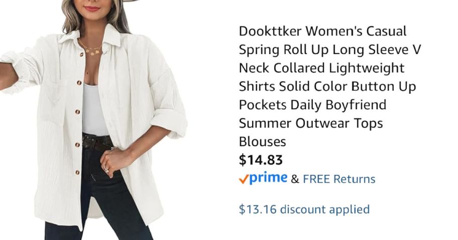 woman wearing white shirt next to Amazon pricing information