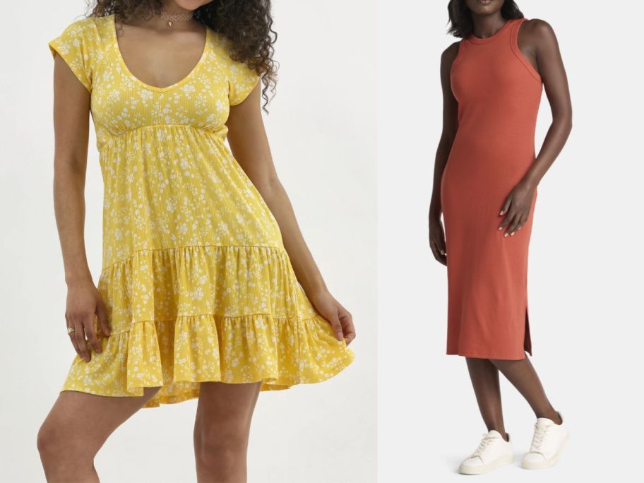 two woman wearing a yellow and orange dress