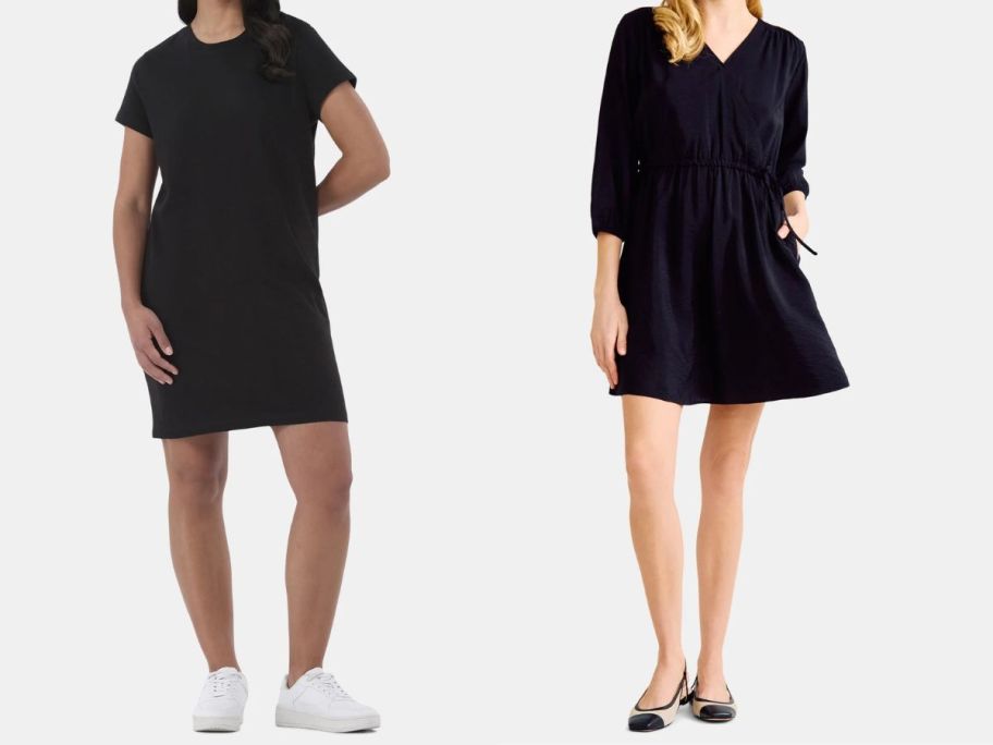 two women wearing black time and tru dresses