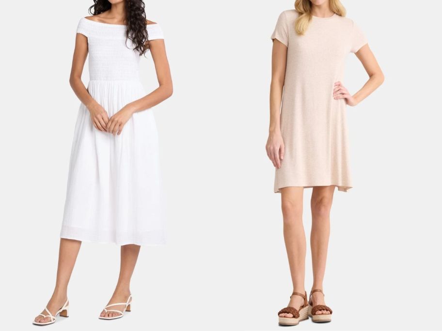 two women wearing a white and beige time and tru dress