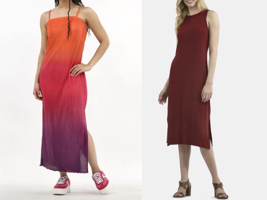 two women wearing an orange and purple ombre dress and a wine colored dress