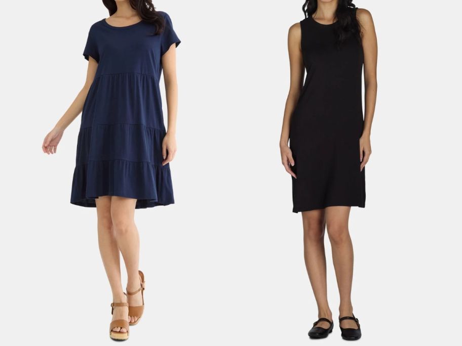 two women wearing time and tru dresses in blue and black
