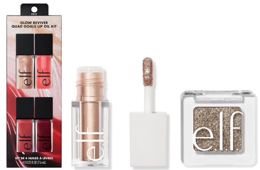 elf lip oil kit with 4 lip oils and one liquid eyeshadow in champagne and regular shadow