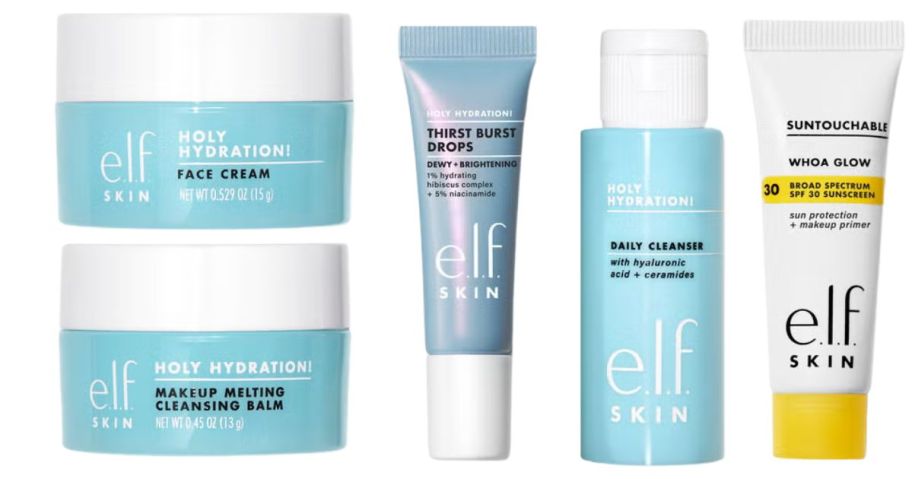 elf cosmetics face cream, cleansing balm, thirst burst drops, daily cleanser, and whoa glow