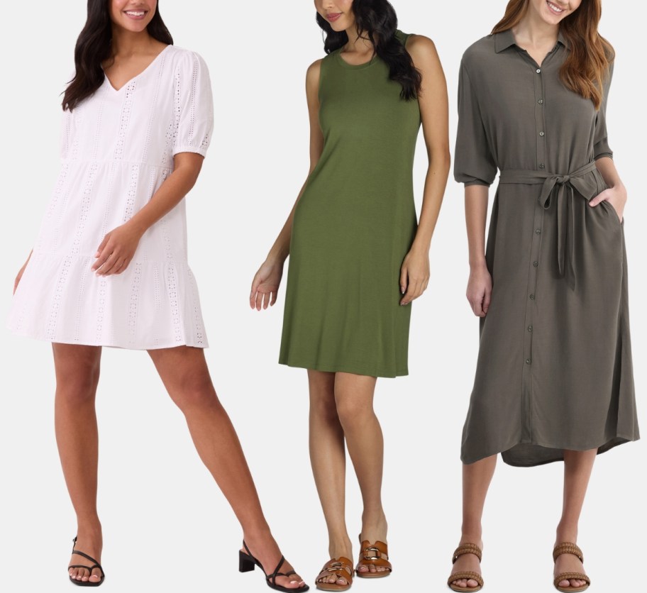 a woman in an eyelet dress, a woman in a sleeveless swing dress and a woman in a belted shirt dress