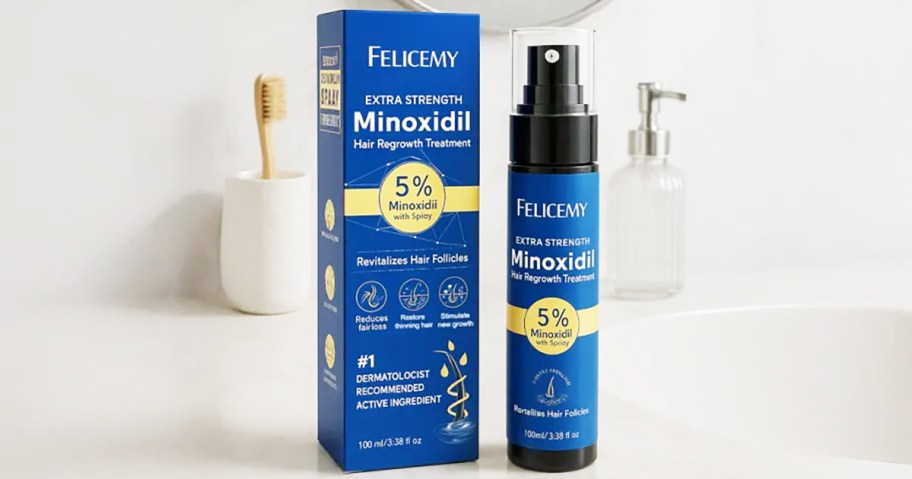minoxidil treatment sitting on bathroom counter