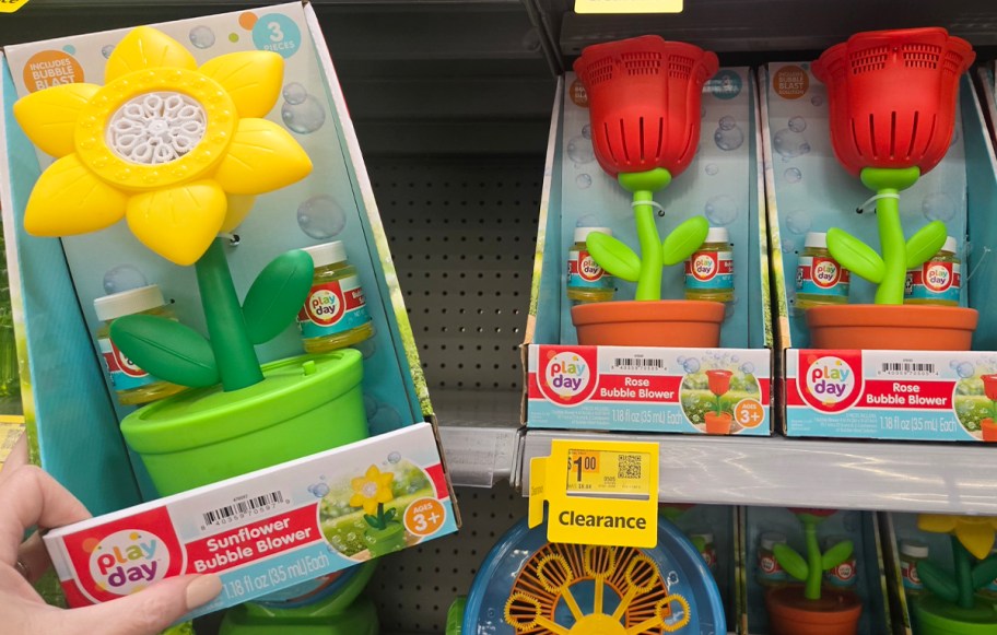 yellow and red flower bubblers on shelf in store 