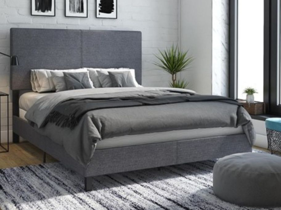 grey DHP Janford Upholstered Bed w/ Adjustable Headboard in bedroom
