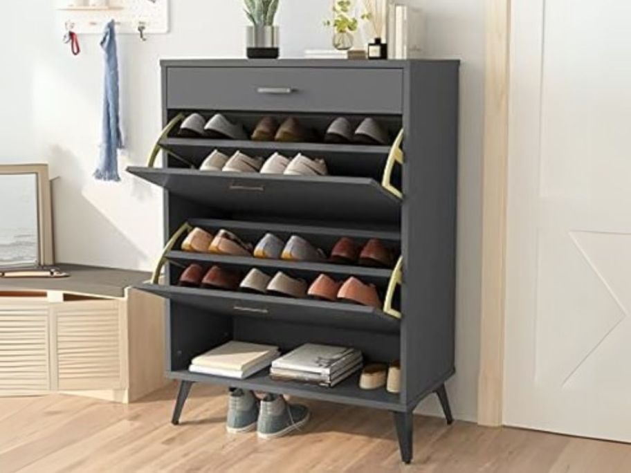 AWQM Shoe Cabinet against wall with shoes in it
