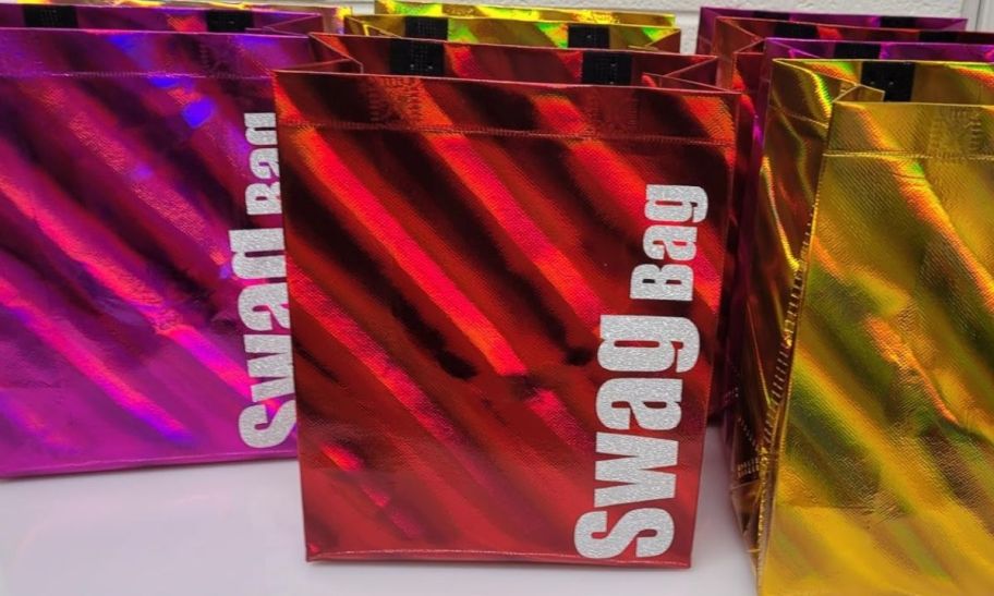 a red iridescent gift bag